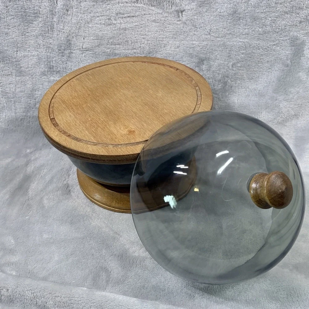Vintage MCM Smoked Plastic Dome Cloche Wood Pedestal Cheese Server Bowl 8.5